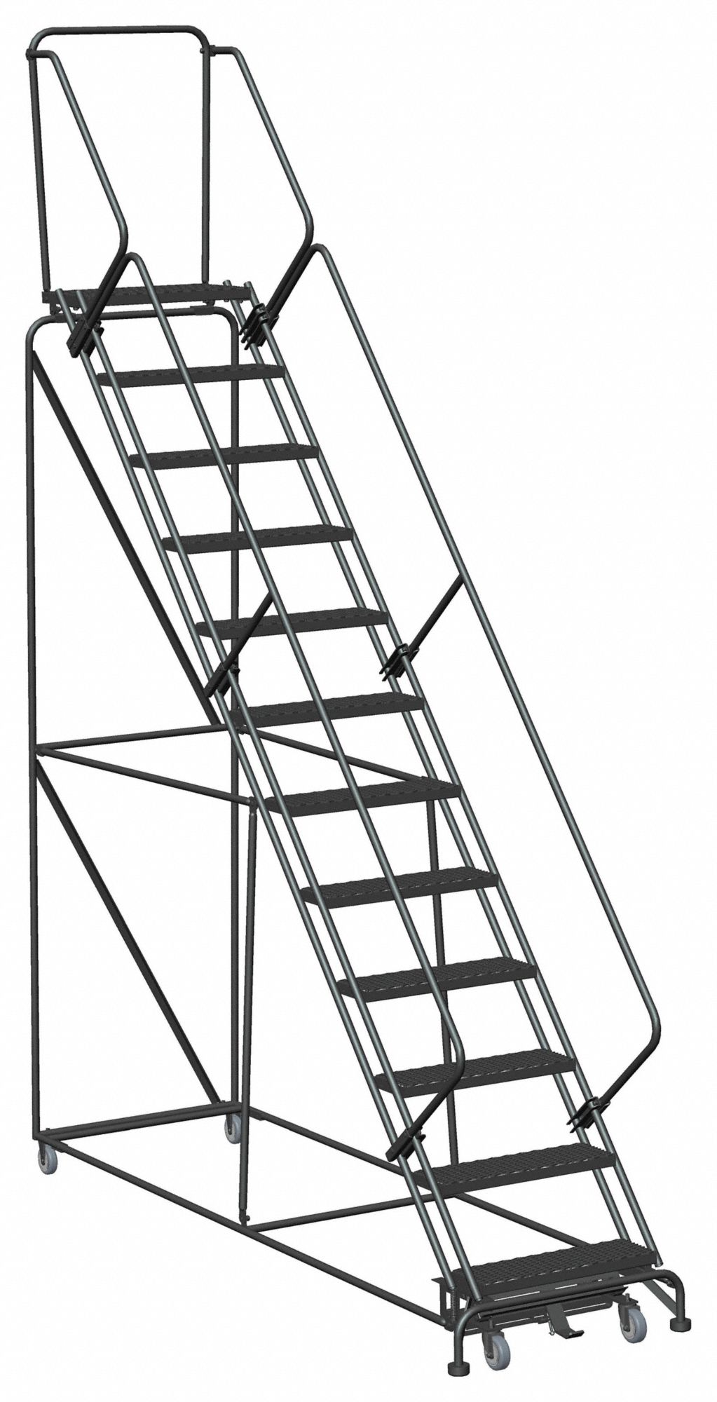 SAFETY ROLLING LADDER, STEEL, 80 IN PLATFORM H, NO LOCKING MECHANISM, NO HANDRAILS, 13½ FT OVERALL HEIGHT