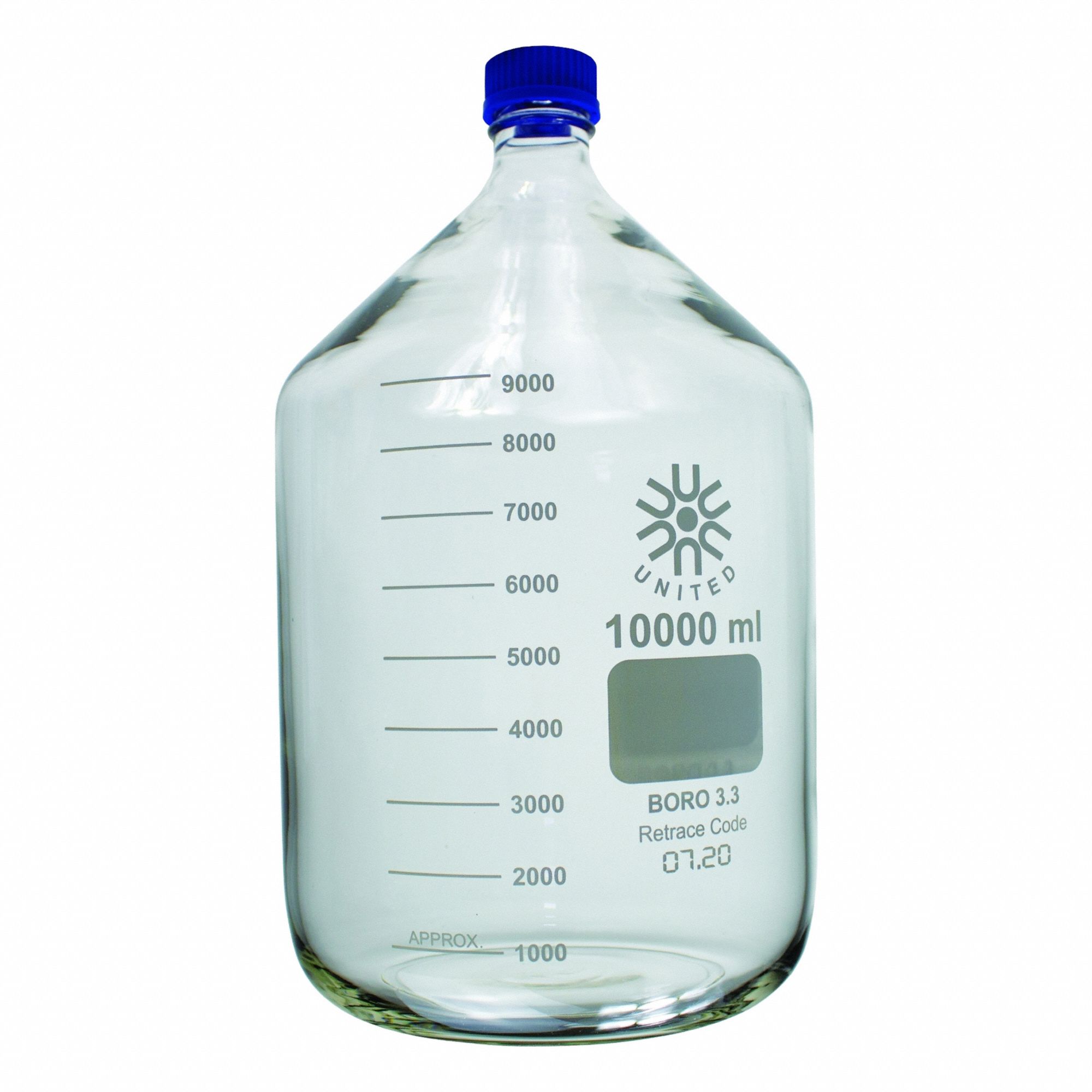 UNITED SCIENTIFIC SUPPLIES INC Media/Storage Bottle: 10 L, Screw-On, GL-45, 420 mm, Colorless (MPN BM10000). Key specifications — Closure Type: Screw-On; Mouth Size: Narrow; Screw Closure Size: GL-45; Brand: UNITED SCIENTIFIC SUPPLIES INC; Body Color: Colorless.