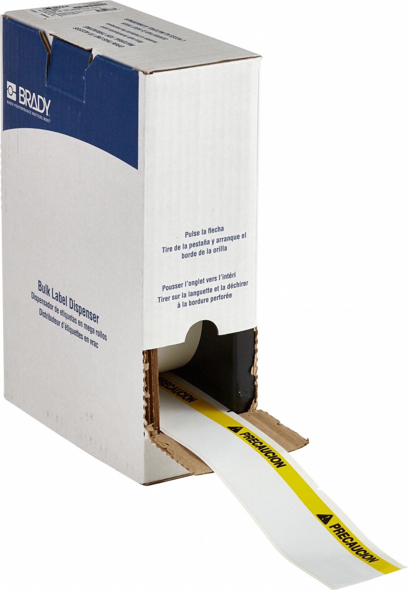 Pre-Cut Label Stock Roll: Precaucion, 2 in x 4 1/8 in, 4 1/8 in x 2 in, Vinyl, Black/White/Yellow