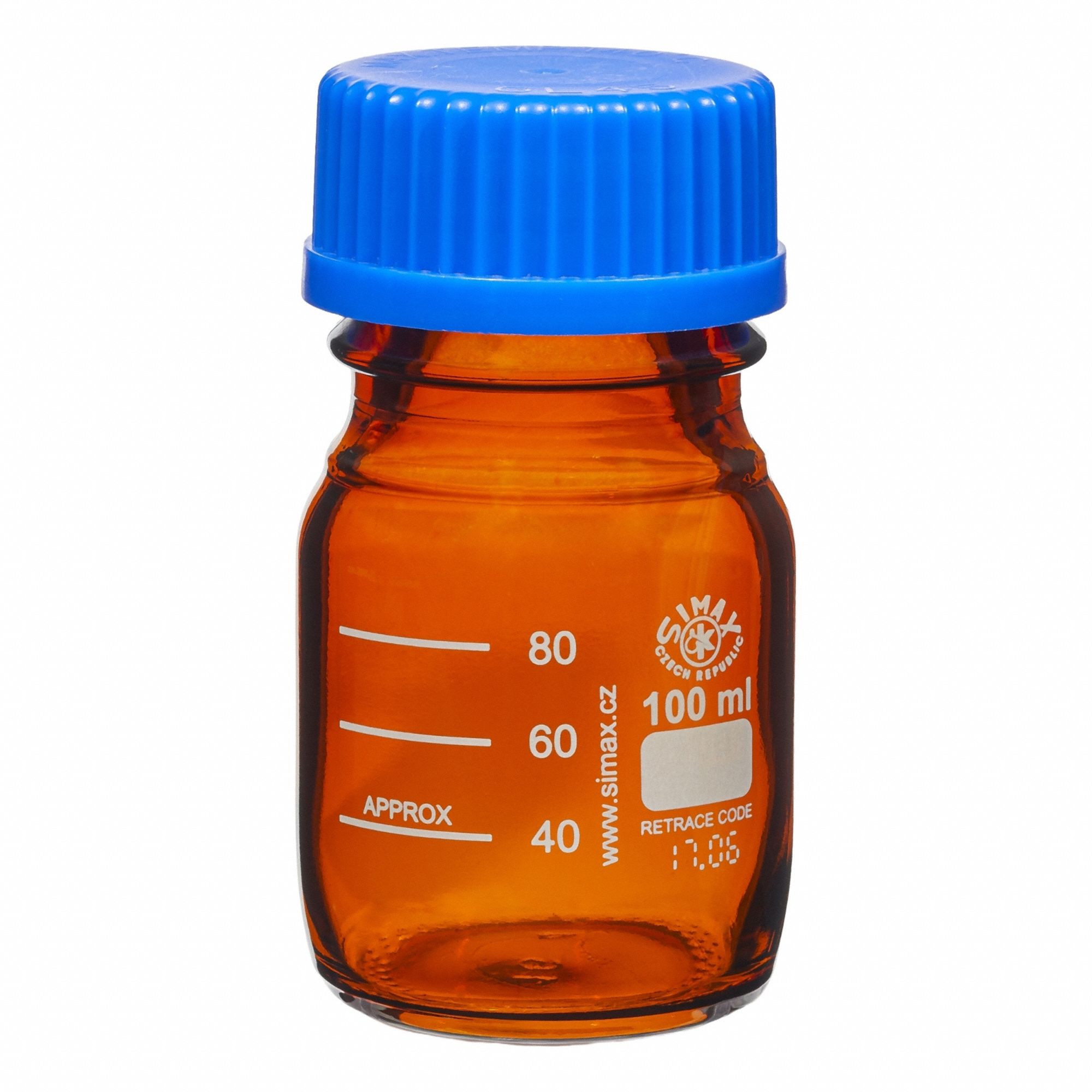UNITED SCIENTIFIC SUPPLIES INC Media/Storage Bottle: 100 mL, Cap, GL-45, 105 mm, Amber, Attached (MPN BMA0100). Key specifications — Closure Type: Cap; Mouth Size: Narrow; Screw Closure Size: GL-45; Brand: UNITED SCIENTIFIC SUPPLIES INC; Body Color: Amber.