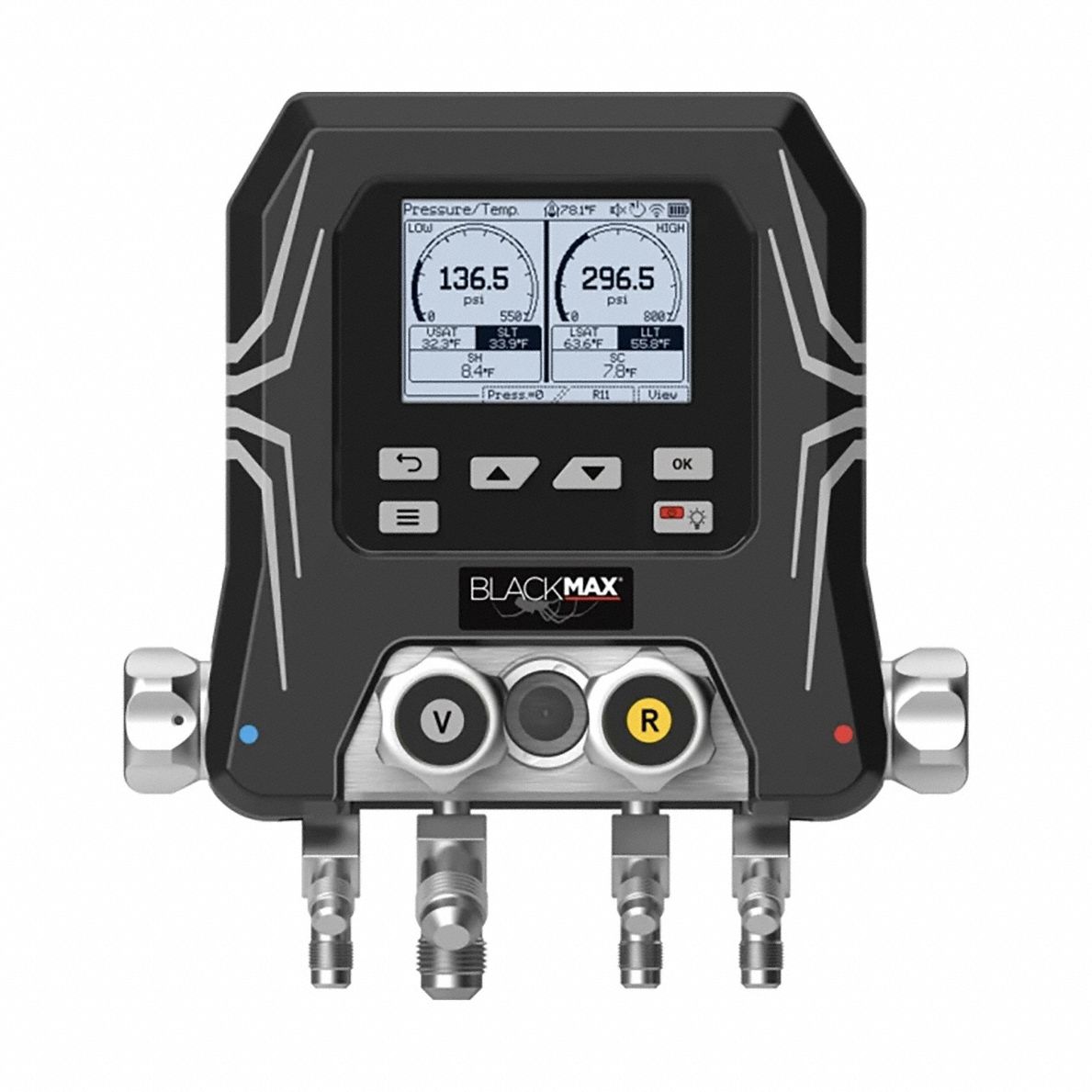 BLACKMAX Digital Manifold: 0 Valves, 0 Hoses, Series BlackMax® Wireless Digital Manifold (MPN BMD200A). Key specifications — Hose Connection Type: 45° SAE; Product Type: Digital Wireless Manifold Gauge Set; For Refrigerant Type: Universal; Brand: BLACKMAX; Includes: Carrying Case; Gauge Boots: No; Sight Glass: No.