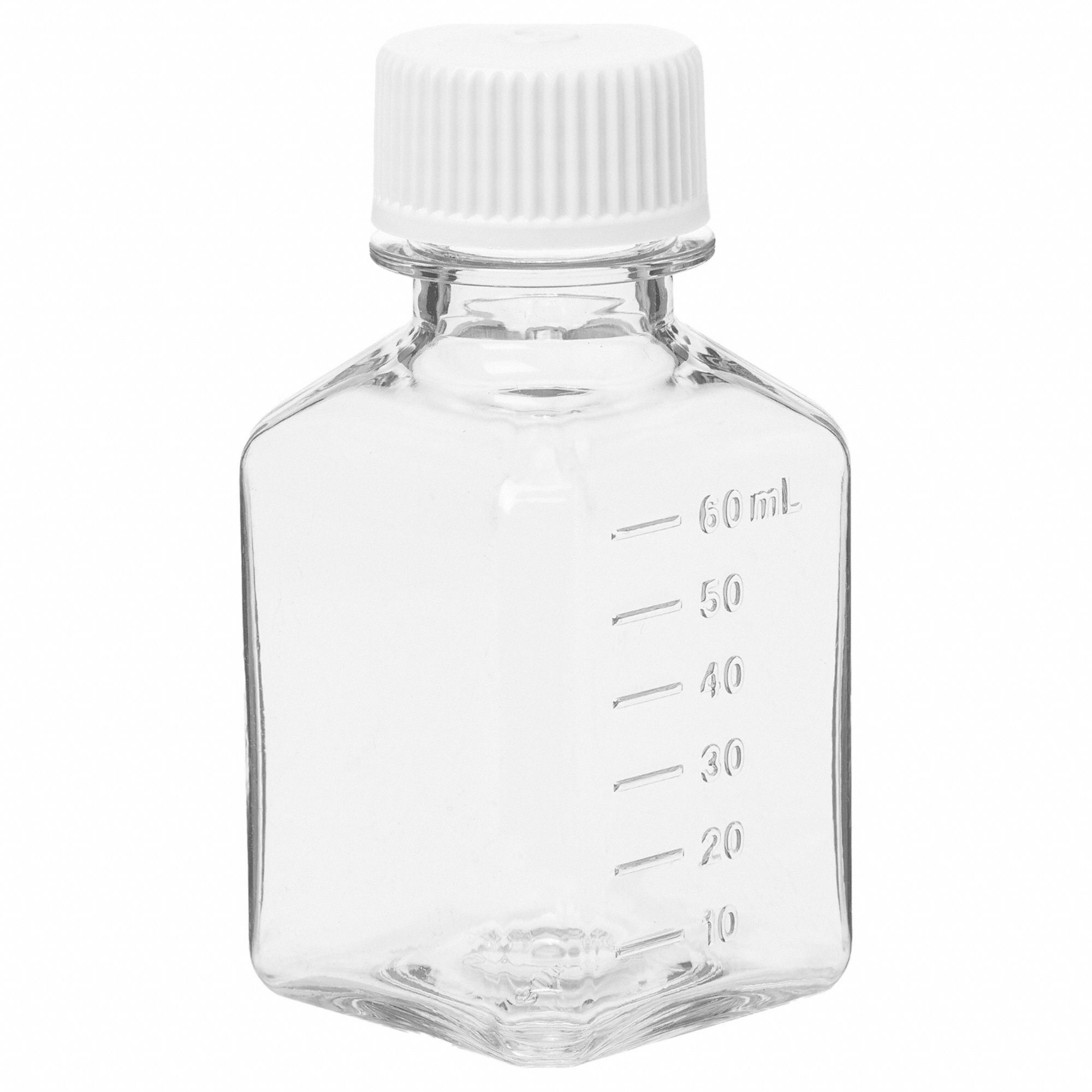 PETG Bottle: PETG, 2 fl oz Capacity - oz, 60 mL Capacity - mL, Closure Included, Sterile, HDPE