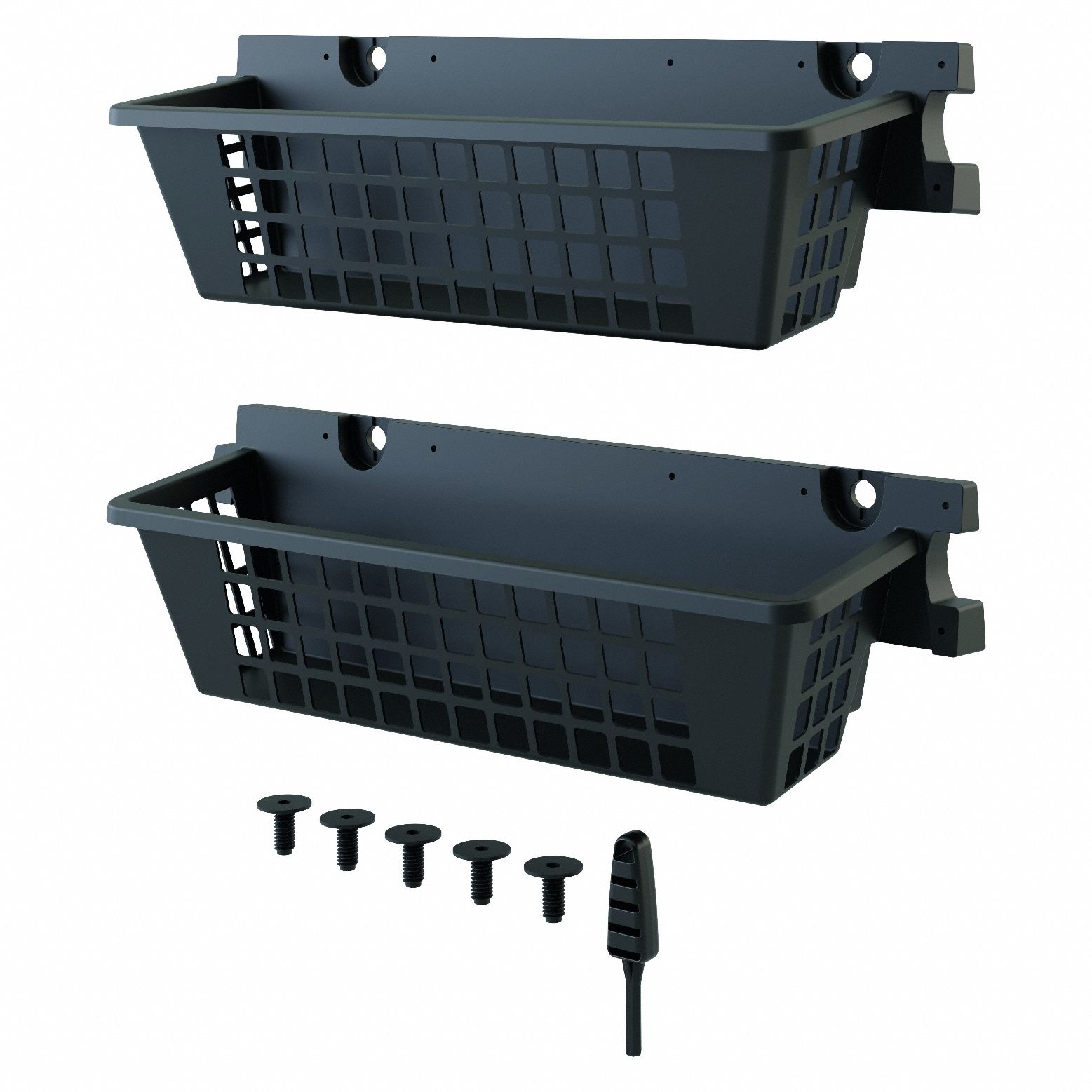 Basket Storage Accessory: 25 in x 7 1/4 in x 7 in, Black, Resin, 2 Shelves, (5) EZ Bolts