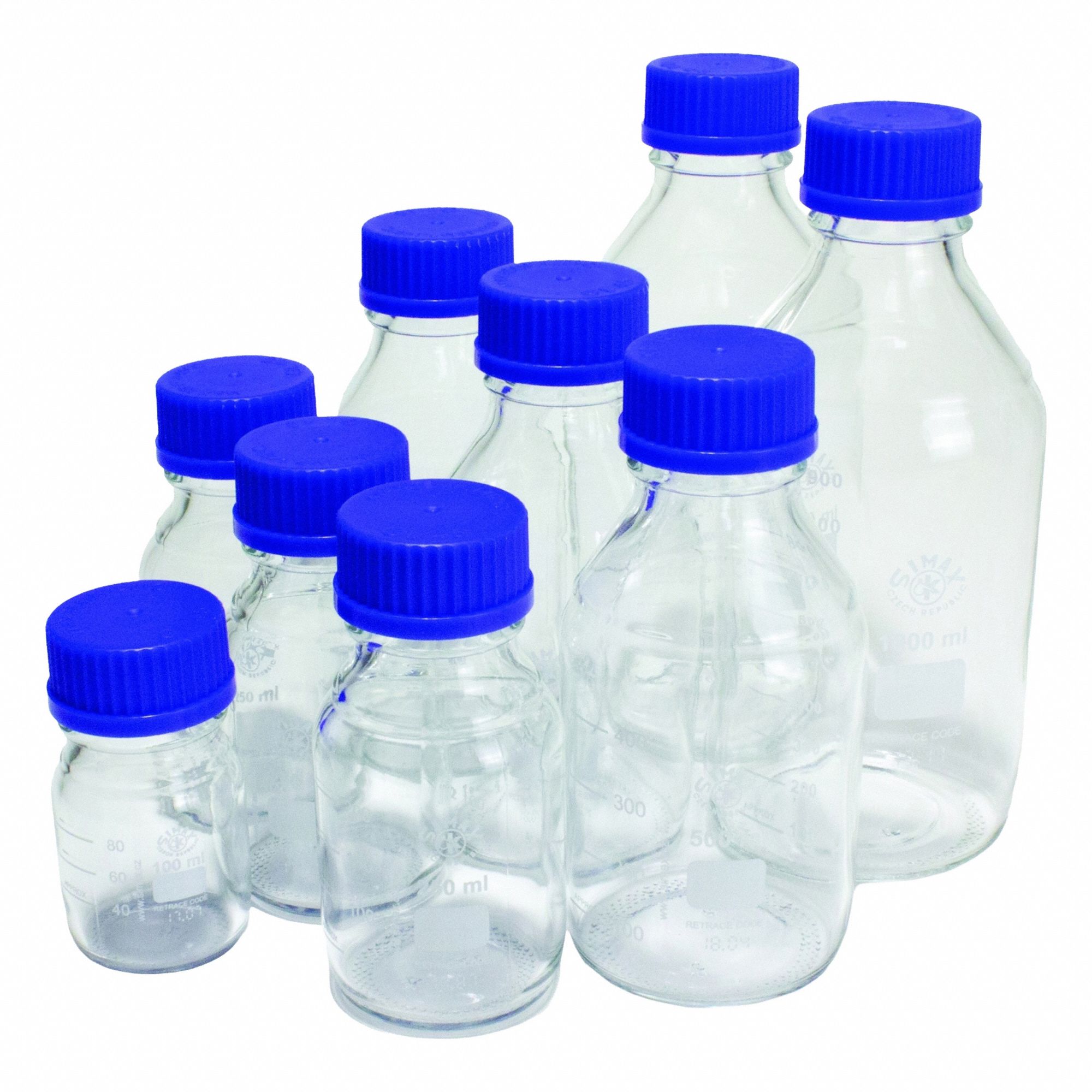 UNITED SCIENTIFIC SUPPLIES INC Media/Storage Bottle: 1 L_100 mL_250 mL_500 mL, Screw-On, GL-45 (MPN BMSET10). Key specifications — Closure Type: Screw-On; Mouth Size: Narrow; Screw Closure Size: GL-45; Brand: UNITED SCIENTIFIC SUPPLIES INC; Body Color: Colorless.