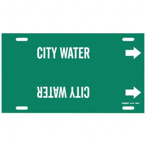 Pipe Marker: City Water, Green, White, Fits 8 to 9 7/8 in Pipe O.D., 1 Pipe Markers, With Arrows