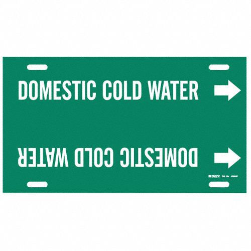 Pipe Marker: Domestic Cold Water, Green, White, Fits 8 to 9 7/8 in Pipe O.D., 1 Pipe Markers