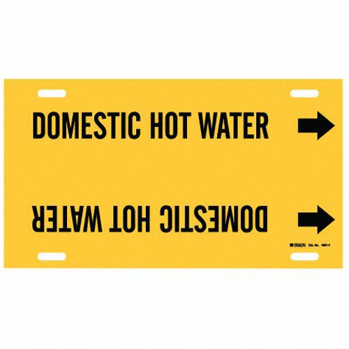 Pipe Marker: Domestic Hot Water, Yellow, Black, Fits 6 to 7 7/8 in Pipe O.D., 1 Pipe Markers