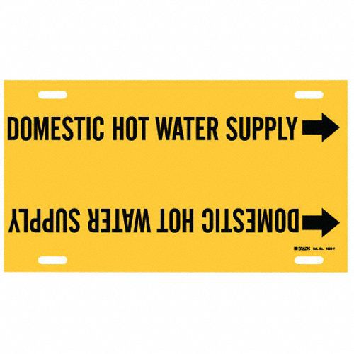 Pipe Marker: Domestic Hot Water Supply, Yellow, Black, Fits 6 to 7 7/8 in Pipe O.D., 1 Pipe Markers