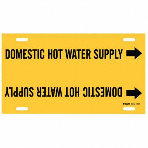 Pipe Marker: Domestic Hot Water Supply, Yellow, Black, Fits 8 to 9 7/8 in Pipe O.D., 1 Pipe Markers