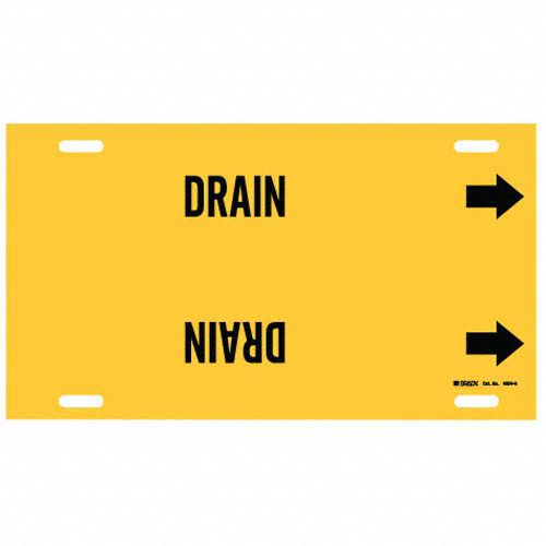 Pipe Marker: Drain, Yellow, Black, Fits 10 to 15 in Pipe O.D., 1 Pipe Markers, With Arrows