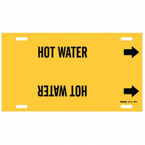 Pipe Marker: Hot Water, Yellow, Black, Fits 10 to 15 in Pipe O.D., 1 Pipe Markers, With Arrows