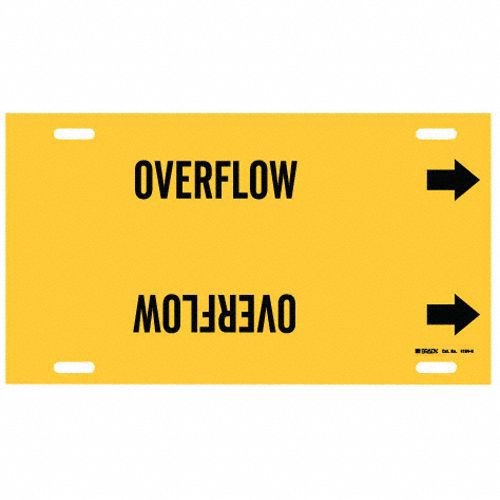 Pipe Marker: Overflow, Yellow, Black, Fits 10 to 15 in Pipe O.D., 1 Pipe Markers, With Arrows