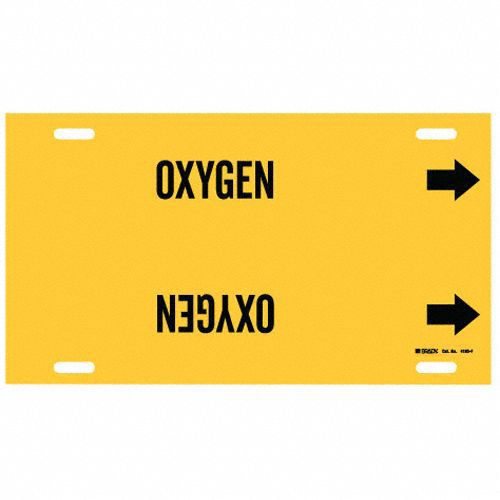 Pipe Marker: Oxygen, Yellow, Black, Fits 6 to 7 7/8 in Pipe O.D., 1 Pipe Markers, With Arrows