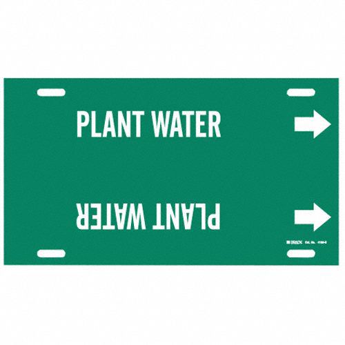 Pipe Marker: Plant Water, Green, White, Fits 8 to 9 7/8 in Pipe O.D., 1 Pipe Markers, With Arrows