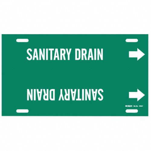 Pipe Marker: Sanitary Drain, Green, White, Fits 6 to 7 7/8 in Pipe O.D., 1 Pipe Markers, With Arrows