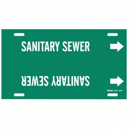 Pipe Marker: Sanitary Sewer, Green, White, Fits 8 to 9 7/8 in Pipe O.D., 1 Pipe Markers, With Arrows