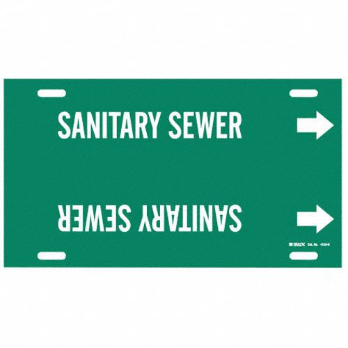 Pipe Marker: Sanitary Sewer, Green, White, Fits 10 to 15 in Pipe O.D., 1 Pipe Markers, With Arrows