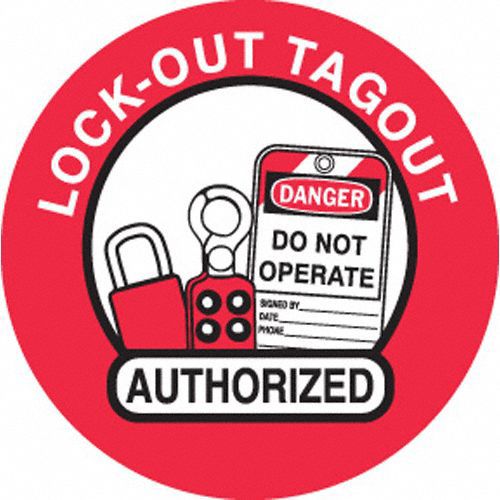 HARD HAT LABEL, LOCKOUT TAGOUT AUTHORIZED, 2 IN DIAMETER, ENGLISH, NON-REFLECTIVE, CIRCLE, BLACK/RED/WHITE, 4 PK