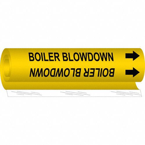 Pipe Marker: Boiler Blowdown, Yellow, Black, Fits 1/2 to 1 3/8 in Pipe O.D., 1 Pipe Markers