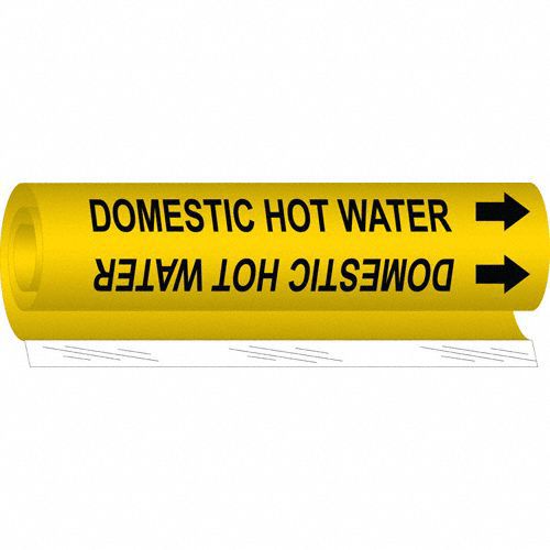 Pipe Marker: Domestic Hot Water, Yellow, Black, Fits 1/2 to 1 3/8 in Pipe O.D., 1 Pipe Markers