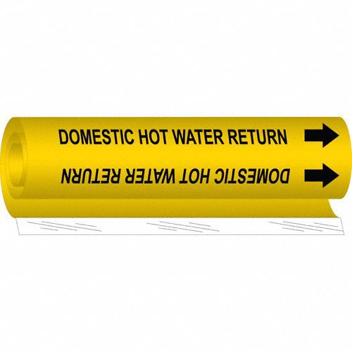 Pipe Marker: Domestic Hot Water Return, Yellow, Black, Fits 1/2 to 1 3/8 in Pipe O.D., With Arrows