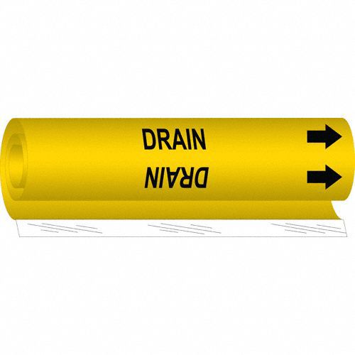 Pipe Marker: Drain, Yellow, Black, Fits 1/2 to 1 3/8 in Pipe O.D., 1 Pipe Markers, With Arrows