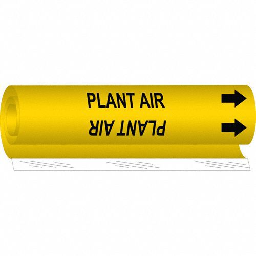 Pipe Marker: Plant Air, Yellow, Black, Fits 1/2 to 1 3/8 in Pipe O.D., 1 Pipe Markers, With Arrows