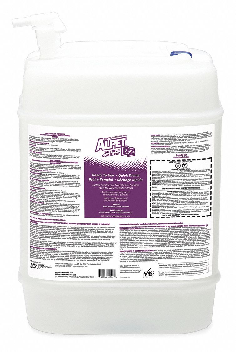 ALPET D2 SURFACE SANITIZER,PAIL,5 GAL. Surface Disinfectants and Sanitizers BSASS10002CAN