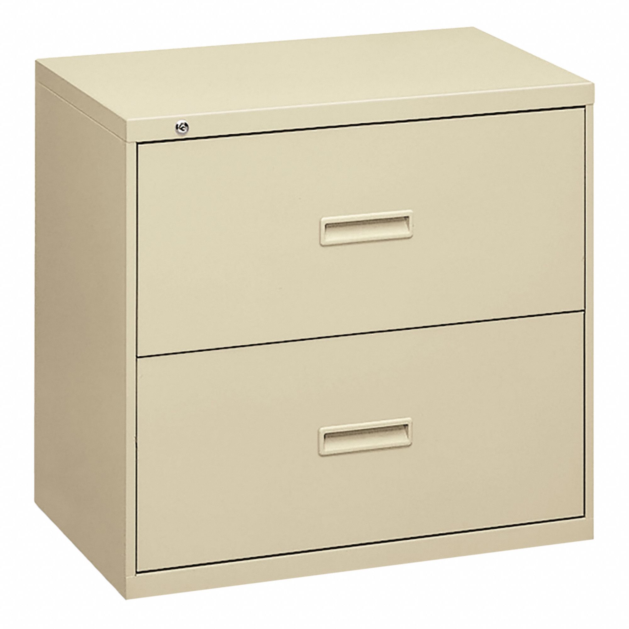 Lateral File Cabinet with Drawer: Putty, 2 Drawers, 28 in Overall Ht, 18 in Overall Dp, Steel