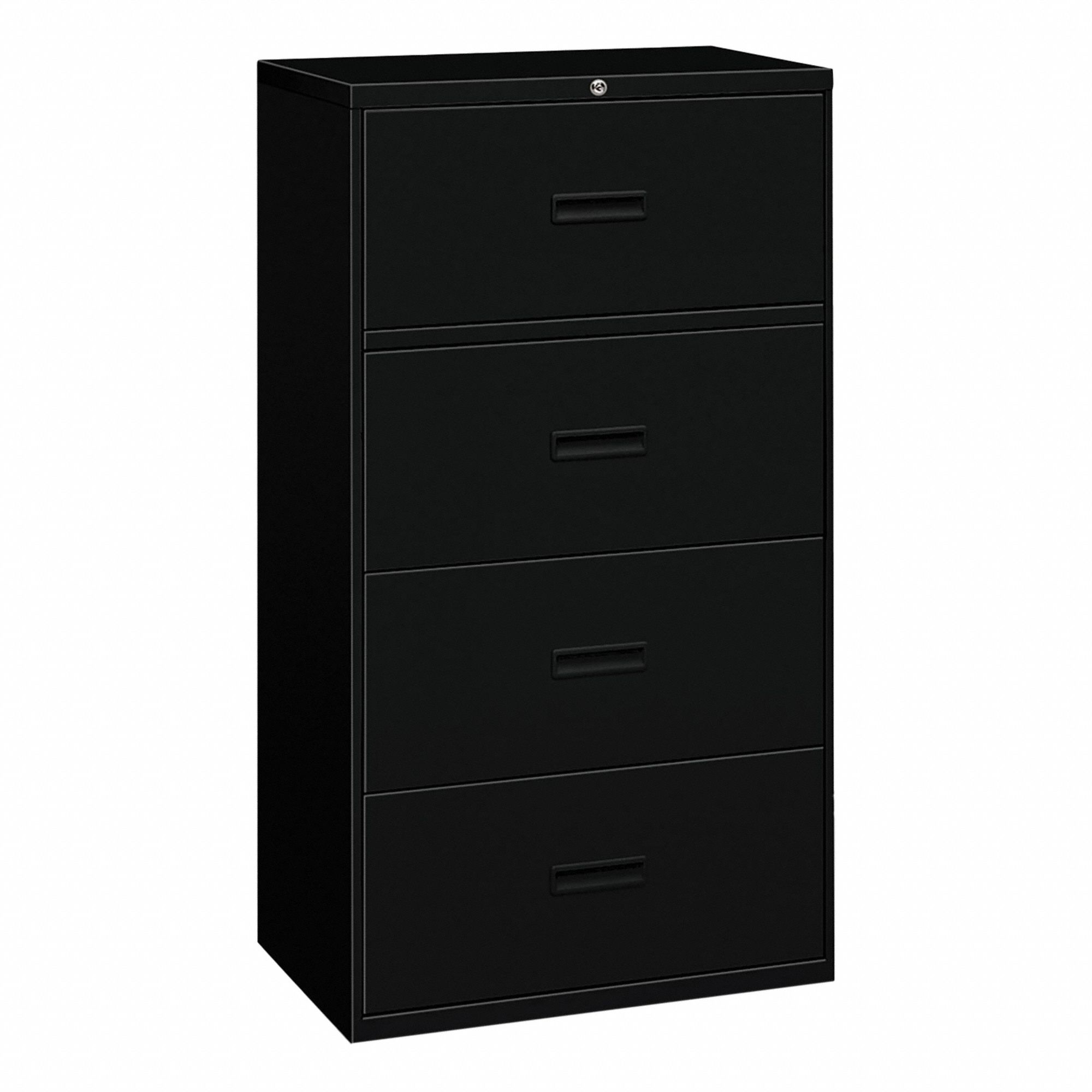 Lateral File Cabinet with Drawer: Black, 4 Drawers, 52 1/2 in Overall Ht, 18 in Overall Dp