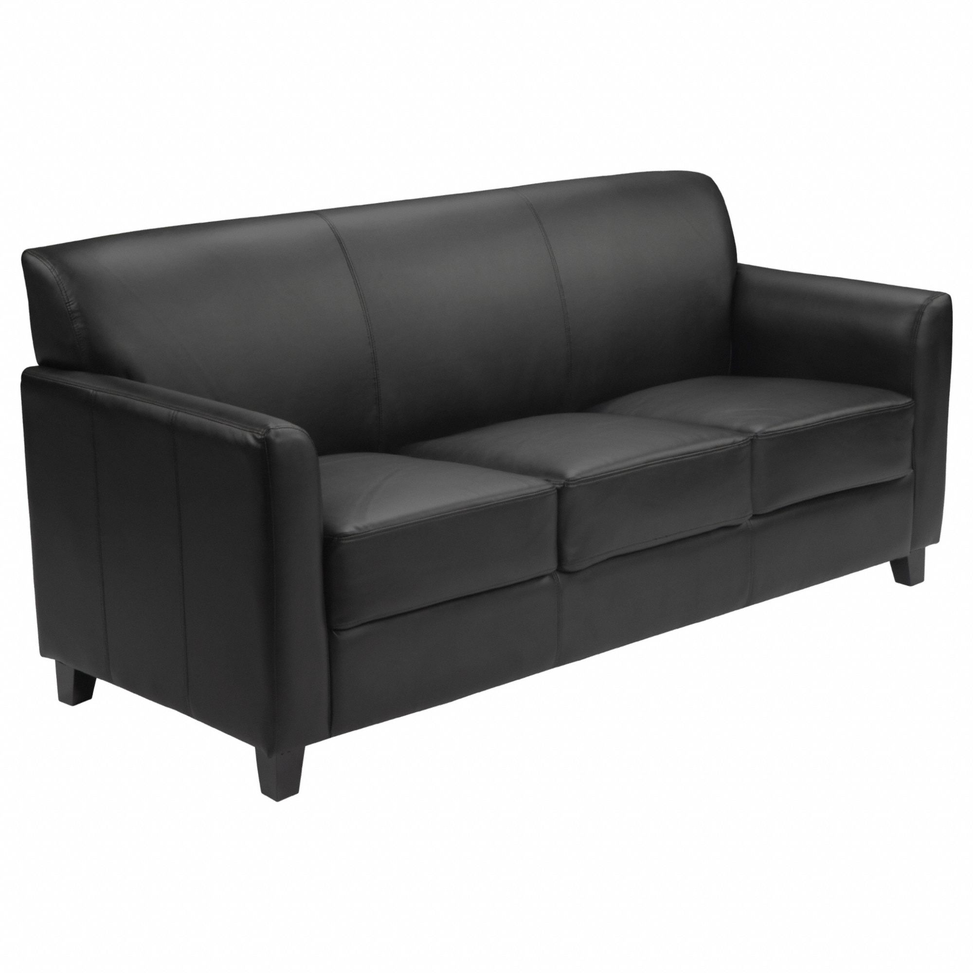 Sofa: Black, Black, Faux Leather, Wood, 59 in Seat Wd, 20 in Seat Dp, 18 in Seat Ht