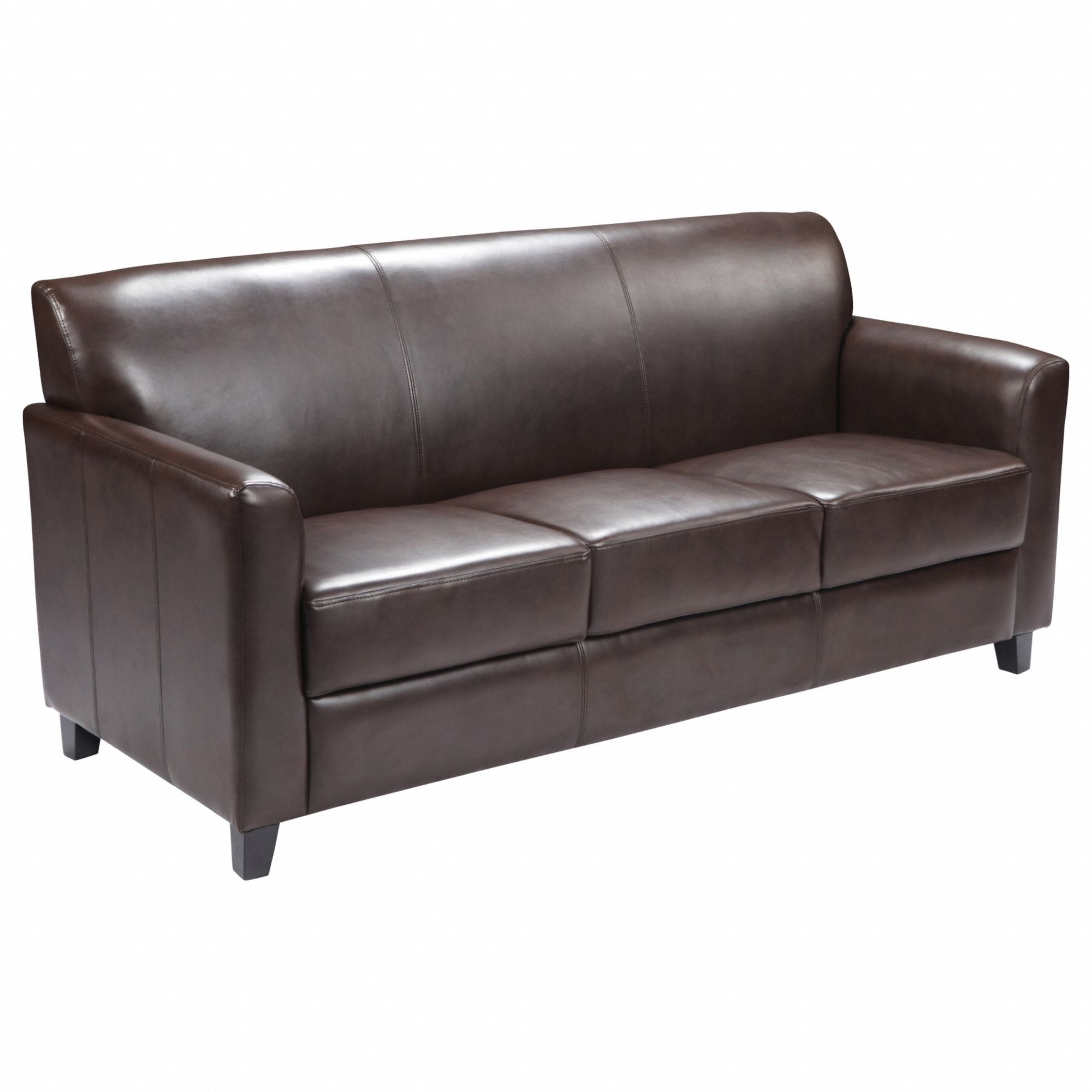 Sofa: Brown, Black, Faux Leather, Wood, 59 in Seat Wd, 20 in Seat Dp, 18 in Seat Ht