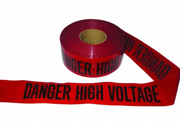 Barricade Tape: 1, 000 ft Lg, 3 in Wd, Danger High Volt Legend, LDPE, Red Color