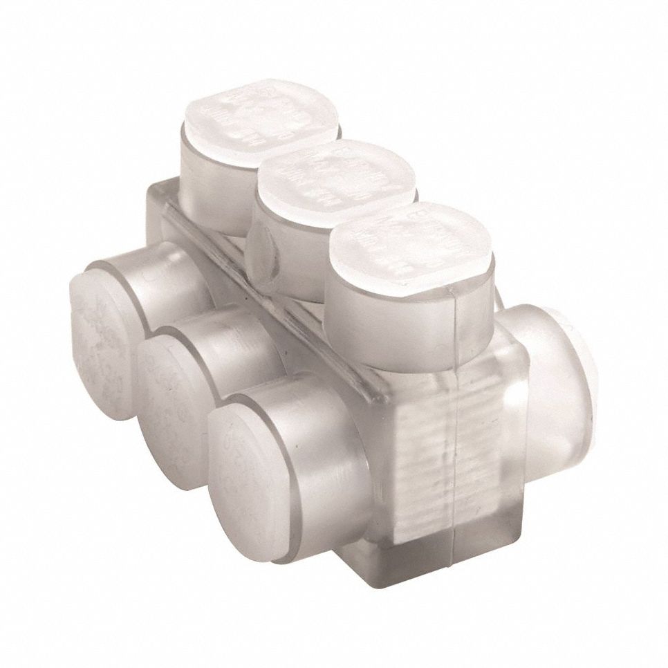 BURNDY Multitap Connector: 6 Port, Double-Sided Entry, 10 AWG – 250 kcmil Wire Size, Clear (MPN BIBD2506). Key specifications — Body Material: Aluminum; Brand: BURNDY.