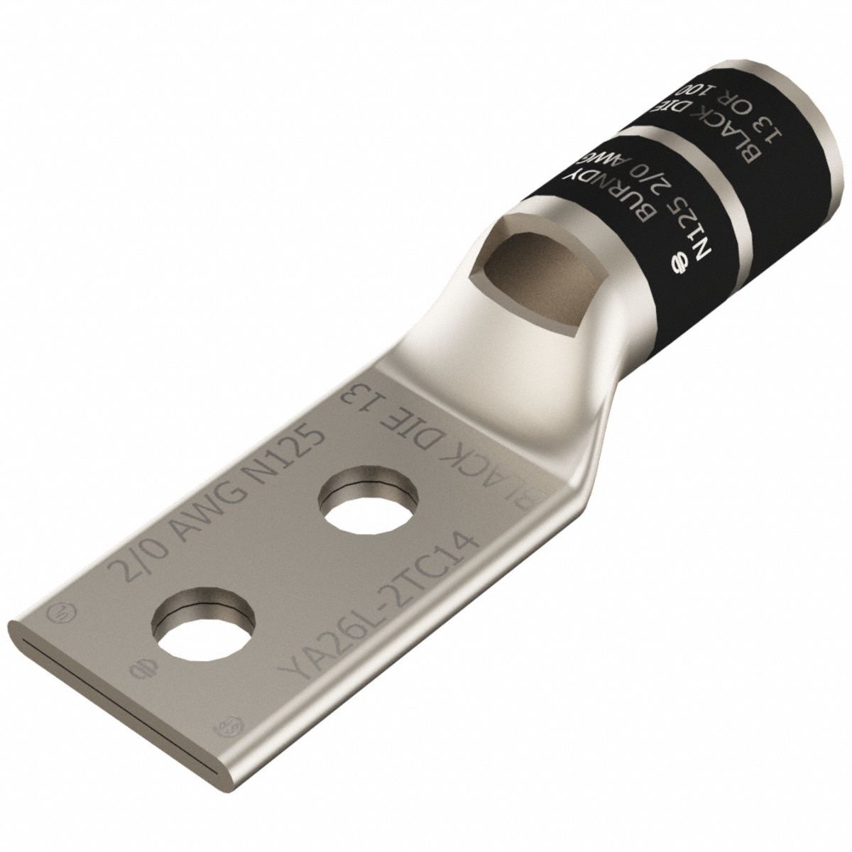 Compression Lug: For 2/0 AWG, Stranded Wire, 1/4 in Stud Size, Std, Copper Barrel (MPN YA26L2TC14). Key specifications — Inspection Hole: Yes; For Wire Type: Stranded; For Wire Sizes: 2/0 AWG; Brand: BURNDY; Manufacturer Part Number: YA26L2TC14.