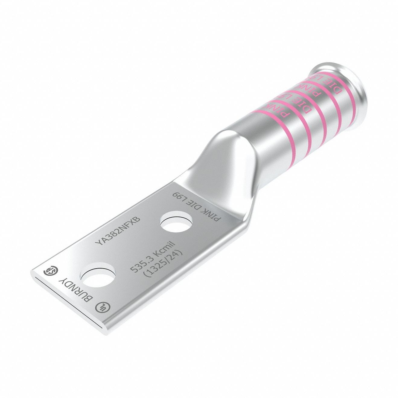 Compression Lug: For 500 or 550 kcmil, Stranded Wire, 1/2 in Stud Size, Long, Copper Barrel (MPN YA382NFXB). Key specifications — Inspection Hole: No; For Wire Type: Stranded; For Wire Sizes: 500 or 550 kcmil; Brand: BURNDY; Manufacturer Part Number: YA382NFXB.