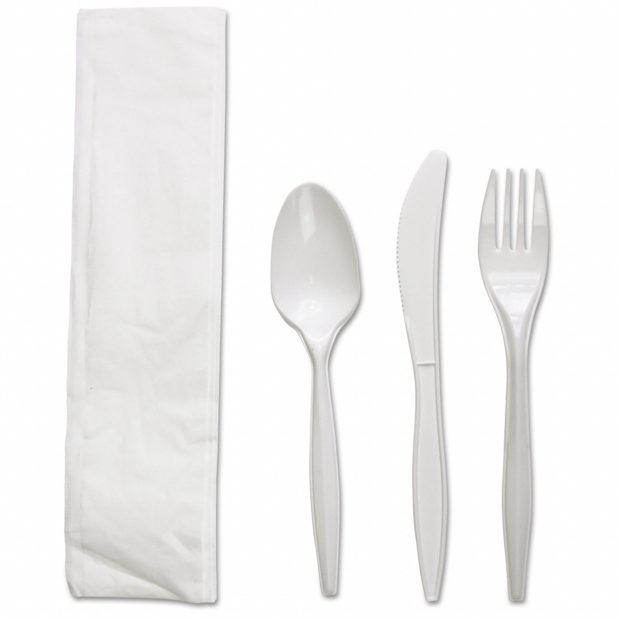 Disposable Cutlery Set: White, Plastic, Wrapped, Fork/Knife/Napkin/Spoon, 250 PK