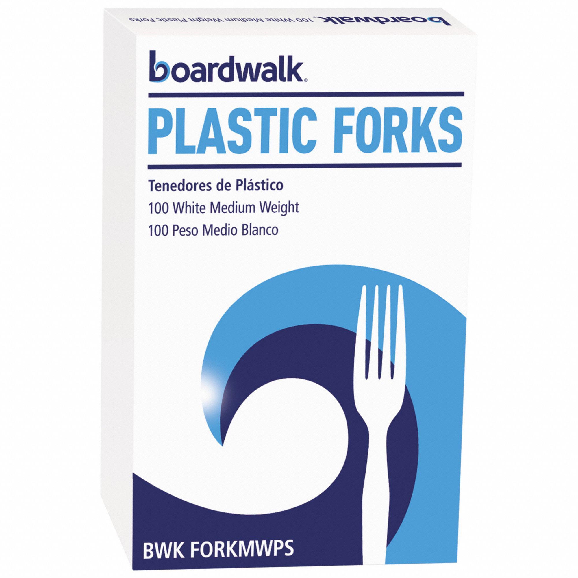 Disposable Fork: White, Medium-Wt, Plastic, Unwrapped, 100 PK