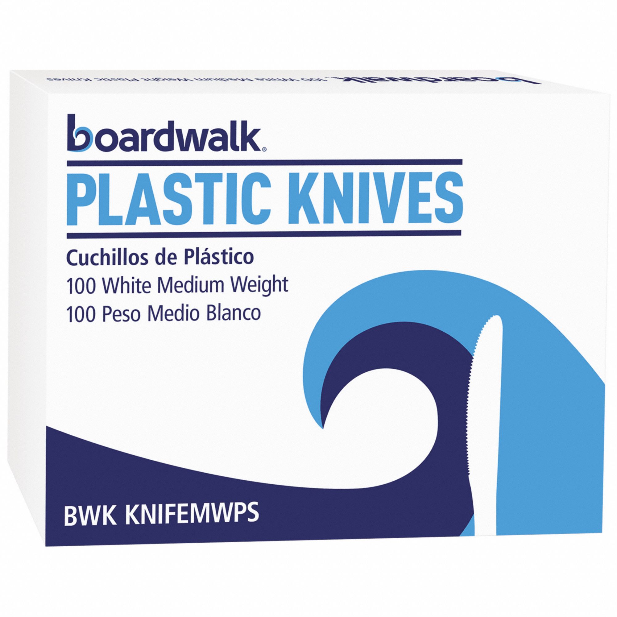 Disposable Knife: White, Medium-Wt, Plastic, Unwrapped, 100 PK