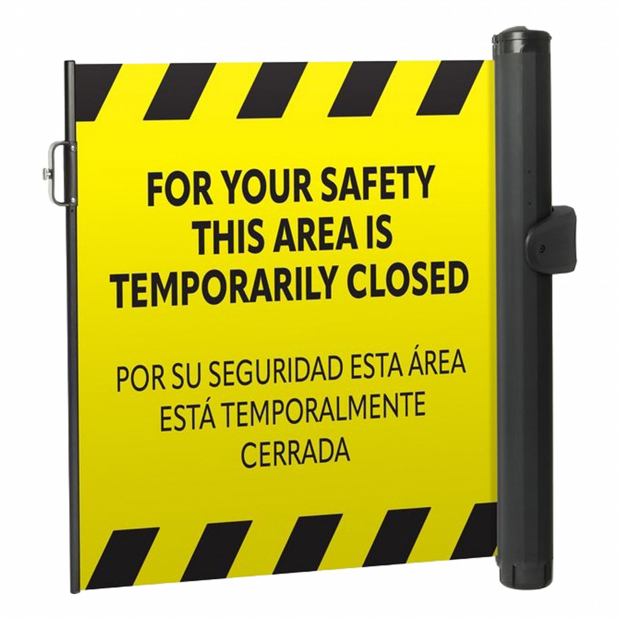 MODUS Mounted Barrier: Fixed Mount, 11 1/2 ft Belt Lg, Restricted Access Messaging, Yellow (MPN ZP+MPP-Y-FML). Key specifications — Message Color: Black; Frame Color: Black; Brand: MODUS; Belt Color: Yellow.