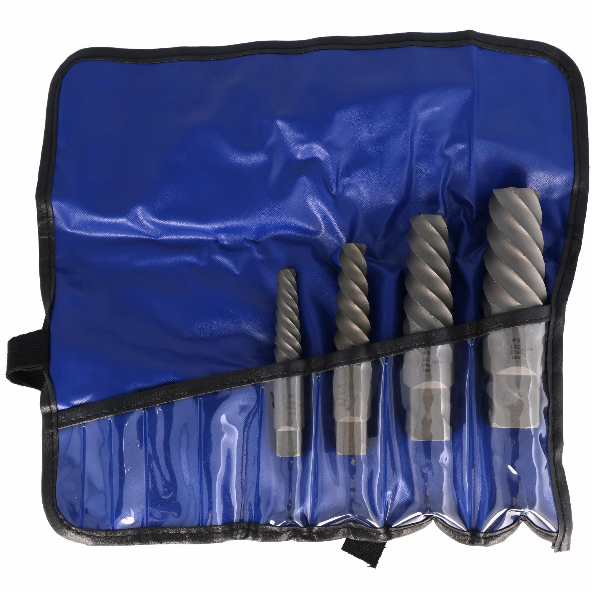 Screw Extractor Set: 4 Pc, Spiral Flute, Size #6/#7/#8/#9, 3/4 in to 2 1/8 in Capacity