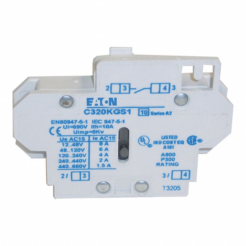 Auxiliary Contact: 1NO, 10 A Max Current (AC), Side Mount, Side-Mounted