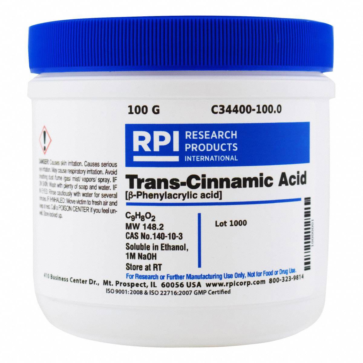 RPI TRANSCinnamic Acid 140103, 148.2, C9H8O2, 100 g Chemical