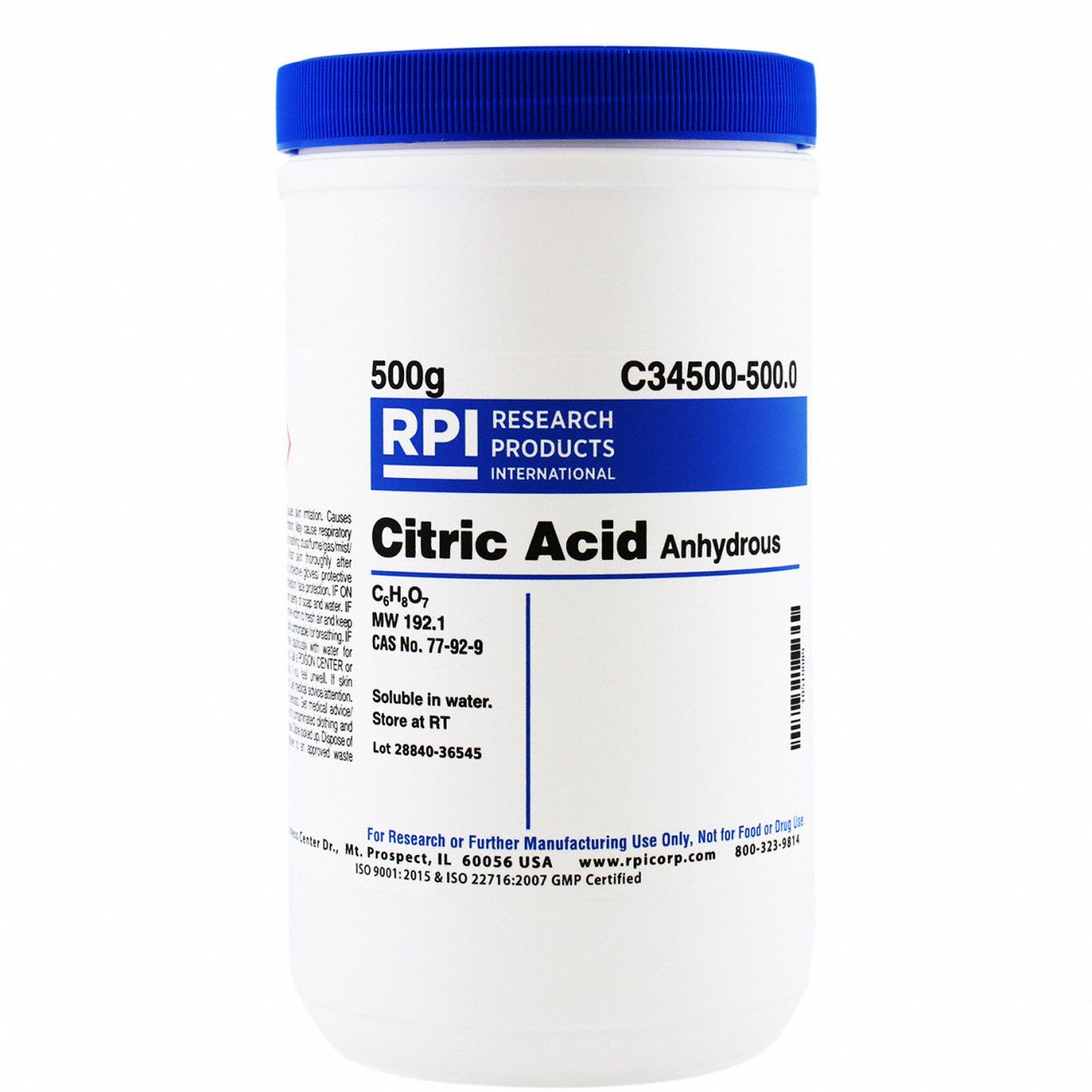 Citric Acid - Anhydrous: Lab, 500 g, 77-92-9, Acid, Powder, 18 mo Shelf Life, 1