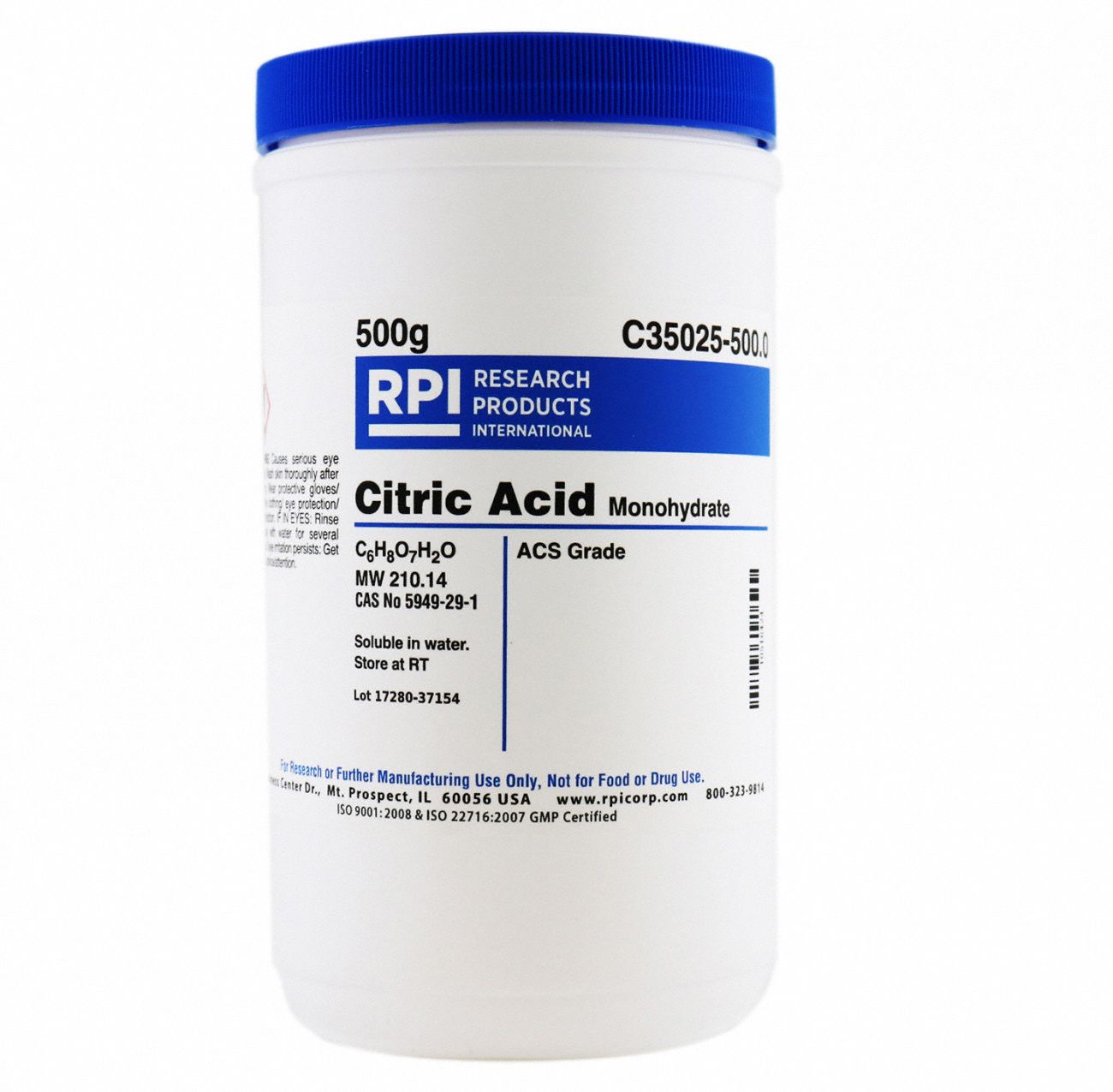 Citric Acid - Monohydrate: ACS, 500 g, 5949-29-1, Acid, Powder, 18 mo Shelf Life, 1