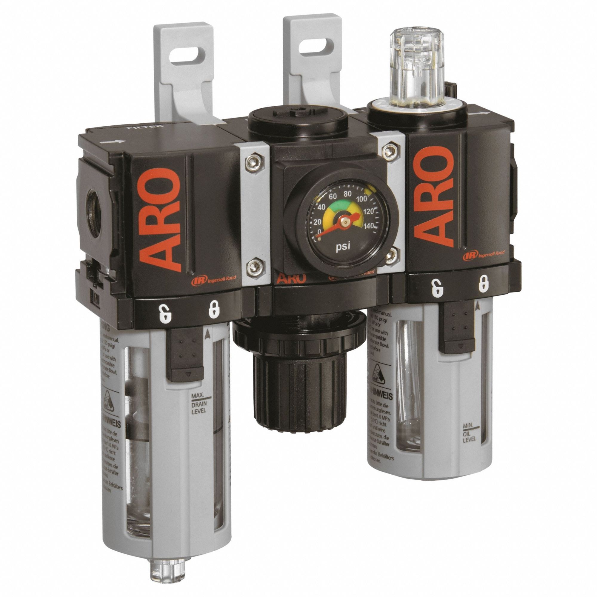 Filter/Regulator/Lubricator: 1/4 in NPT, 46 scfm, 140 psi Max Op Pressure, 5 micron, 1000 Series