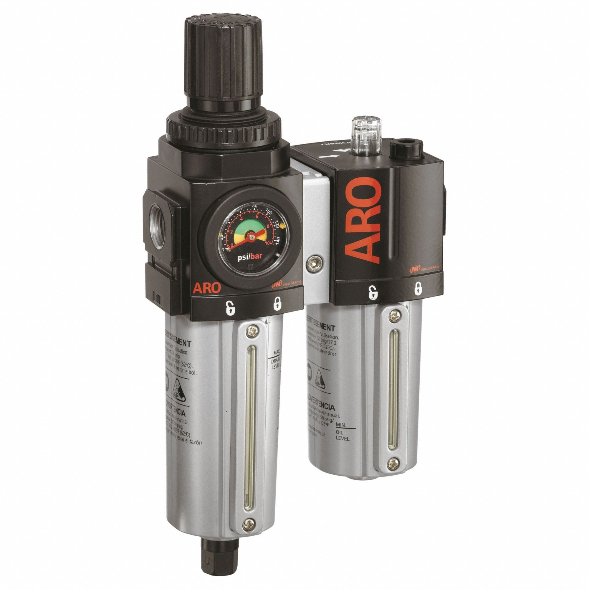 Filter/Regulator/Lubricator: 1/2 in NPT, 172 scfm, 140 psi Max Op Pressure, 5 micron, Metal Bowl