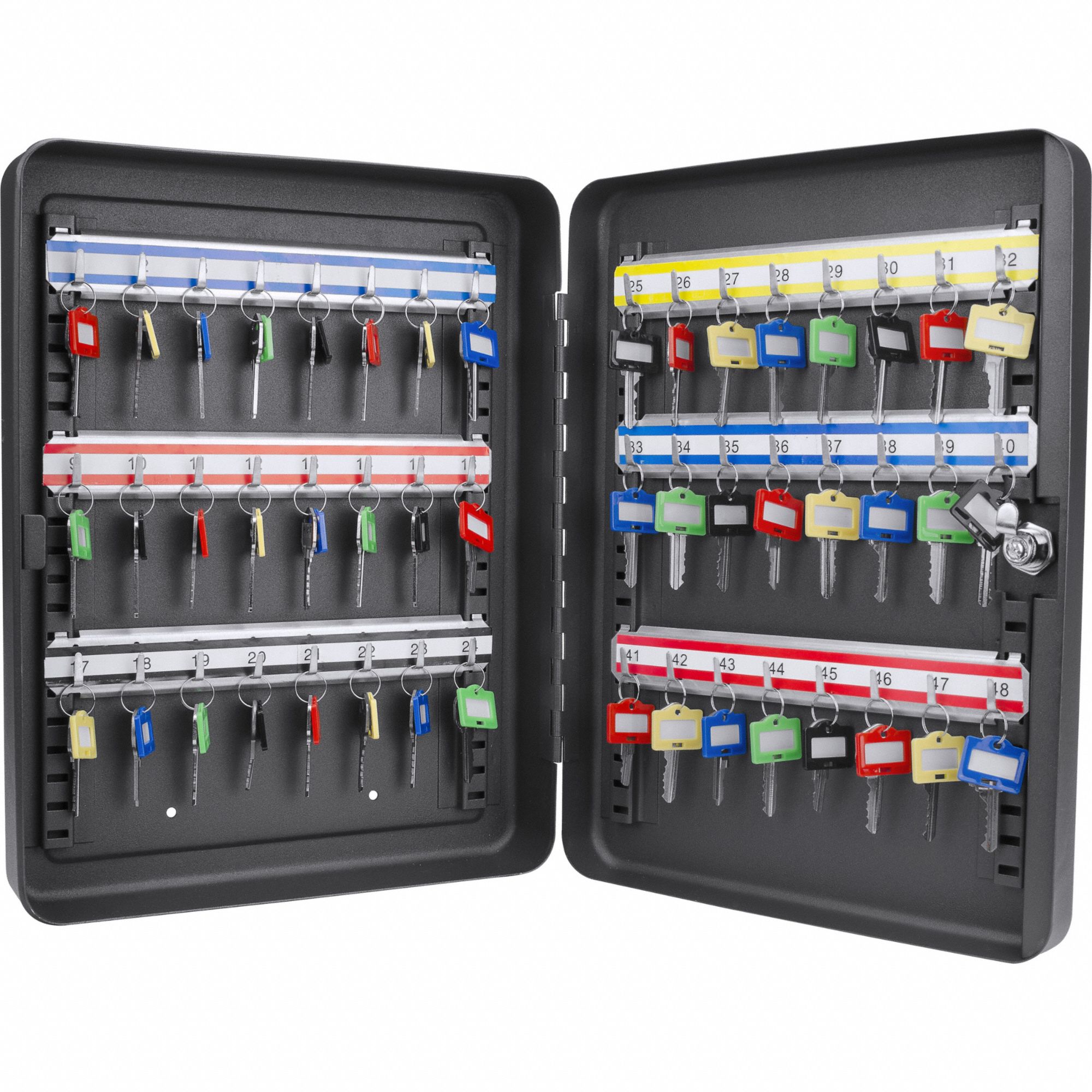 KEY CABINET, 48 KEY CAPACITY, SINGLE KEY LOCK, STEEL, BLACK, 14½ IN H, 11 IN W, 3 IN D