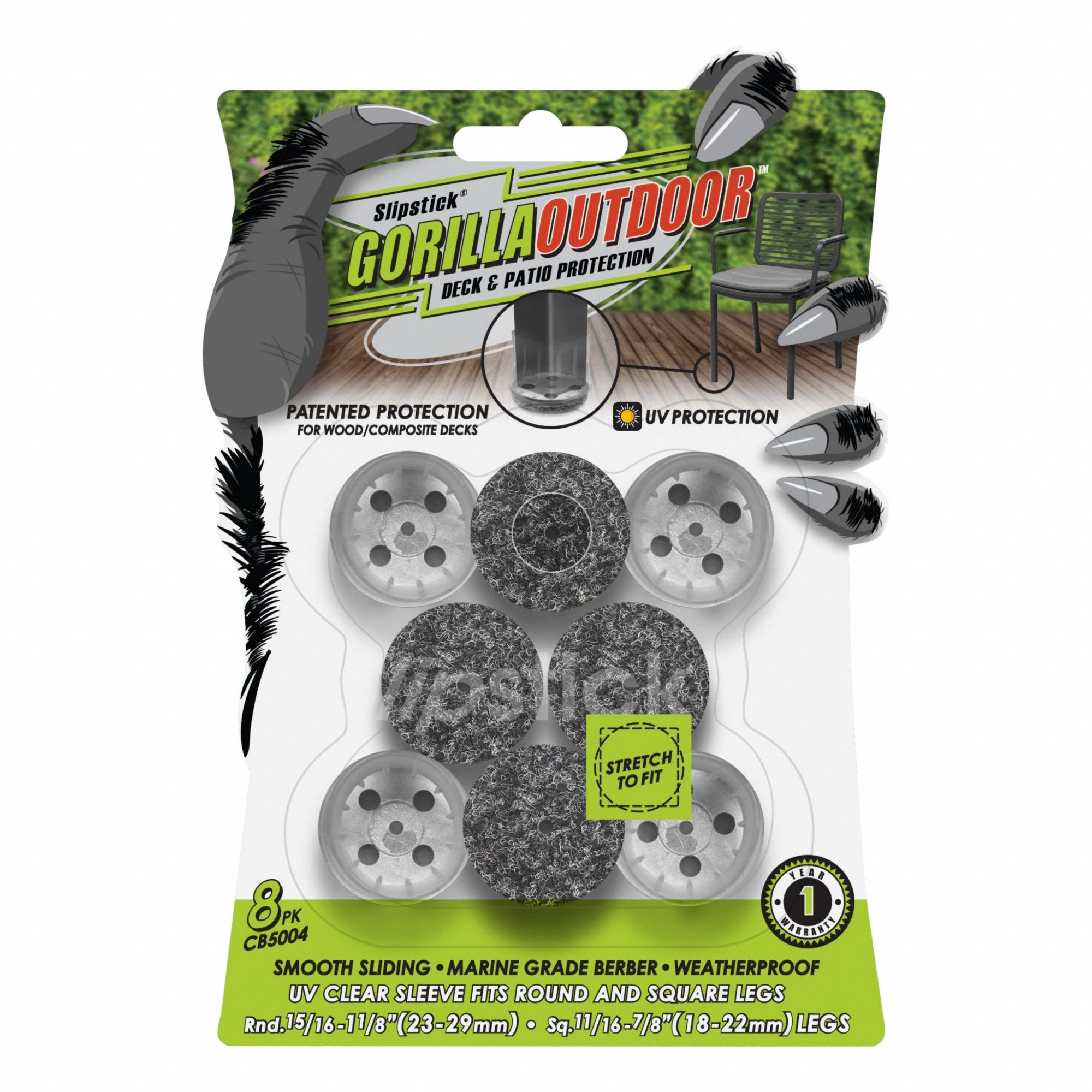 Furniture Glides: Felt, Round, Gray, 15/16 in Overall Dia, 1 1/4 in Overall Ht, Straight