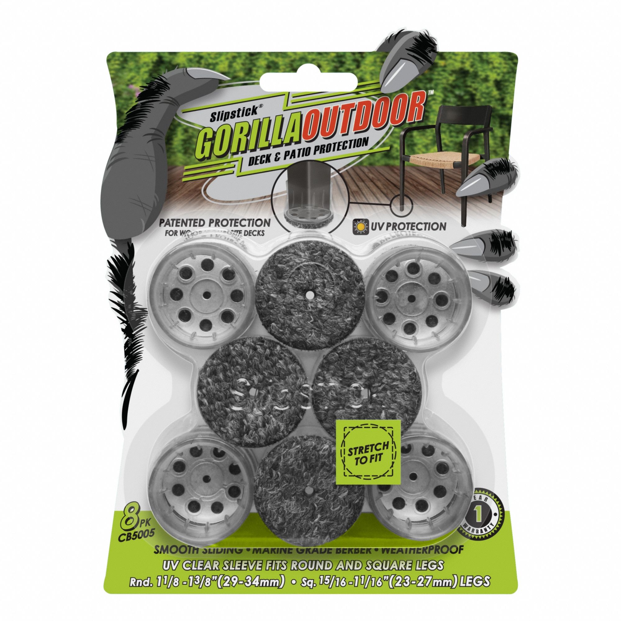 Furniture Glides: Felt, Round, Gray, 1 1/8 in Overall Dia, 1 1/4 in Overall Ht, Straight